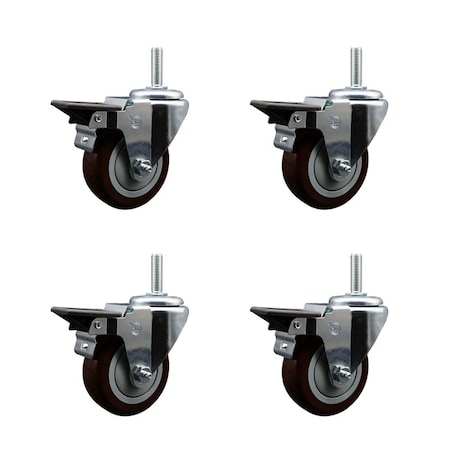 Service Caster 35 Inch Maroon Polyurethane Wheel Swivel 34 Inch Threaded Stem Caster Set with Brake SCC SCC-TS20S3514-PPUB-MRN-PLB-34212-4
